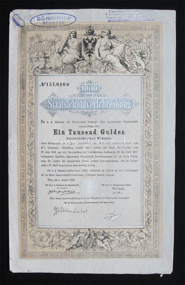 Osztrák államadóssági kötvény 1000 gulden 1868 augusztus
